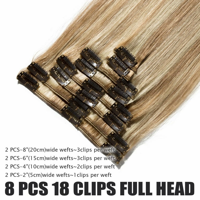 Benehair 100% Real Remy Human Hair Extensions Clip In 8Pcs Hair Weft Full  Head Women Highlight Blonde Hair