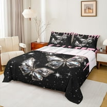 Castle Fairy Crystal Butterfly 3Pcs Twin Sheet Sets for Teens Girls Women,Bling Splash Glitter Twin Fitted Sheet,Dreamy Princess Breathable Flat Sheet,Ultra Soft Home Decor