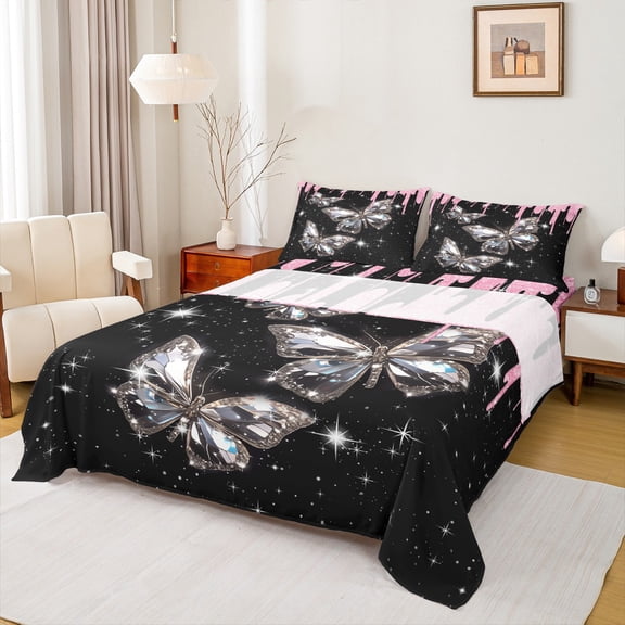 Castle Fairy Crystal Butterfly 3Pcs Twin Sheet Sets for Teens Girls Women,Bling Splash Glitter Twin Fitted Sheet,Dreamy Princess Breathable Flat Sheet,Ultra Soft Home Decor