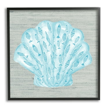 Stupell Industries Blue Clam Shell Patterned Fish Motif Sea Life Graphic Art Black Framed Art Print Wall Art, Design by Ziwei Li