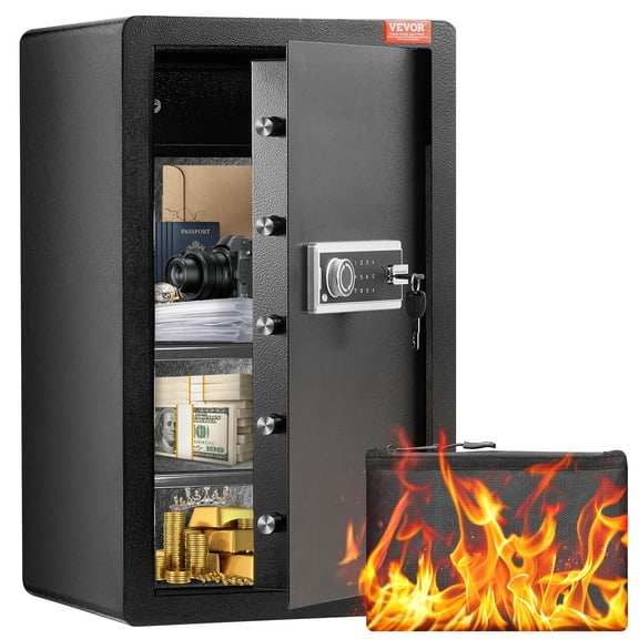 VEVOR Single Door 4.0 cu.ft Safe Box with Key Lock & Password, Safe Lock Box with Fireproof Bag, Key Rack, LED Light, 2 Shelves, and 1 Cabinet for Money, Documents, Jewelry, and Valuables, Black