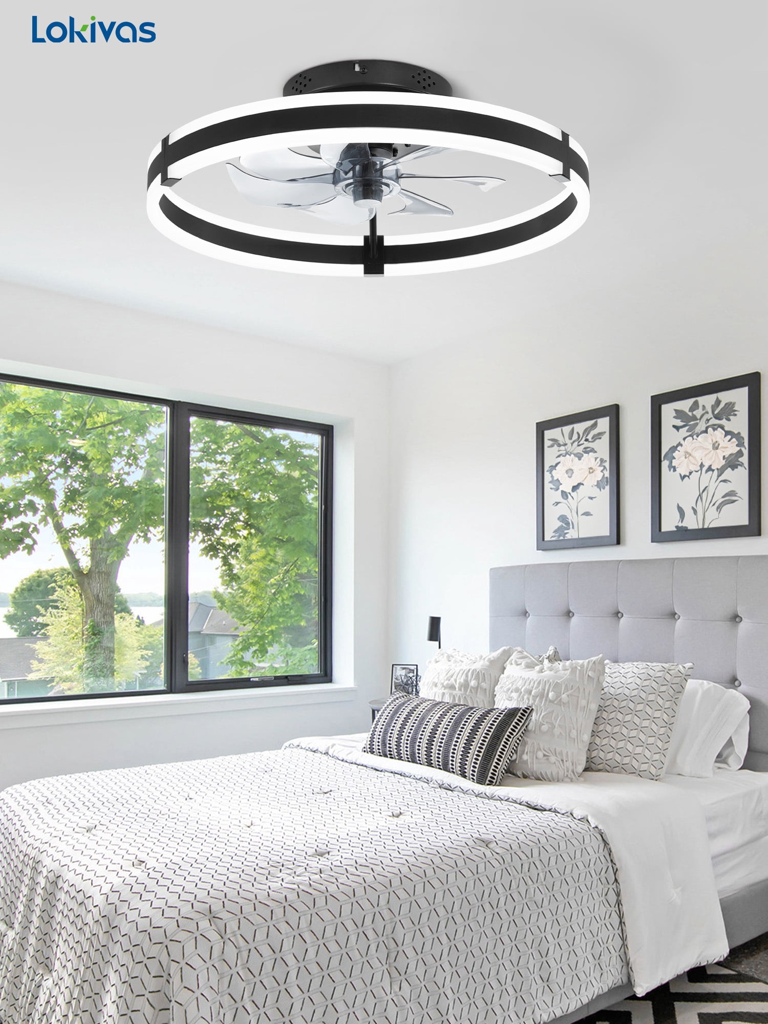 Lokivas 20" Black Modern Ceiling Fan with Light, Flush Mount, Quiet 6 Speeds, Dimmable LED, App and Remote Control for Indoor