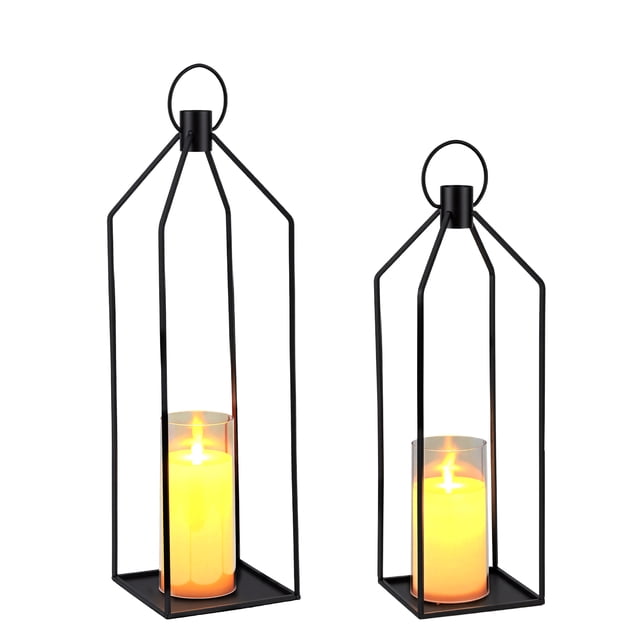 LED Flameless Candle Lantern Set, Decorative Metal Lanterns with Remote Control, Battery Operated Flickering Candles for Home Wedding Table Decor, French Gold or Sand Black, 12+15 or 19+22 Inch