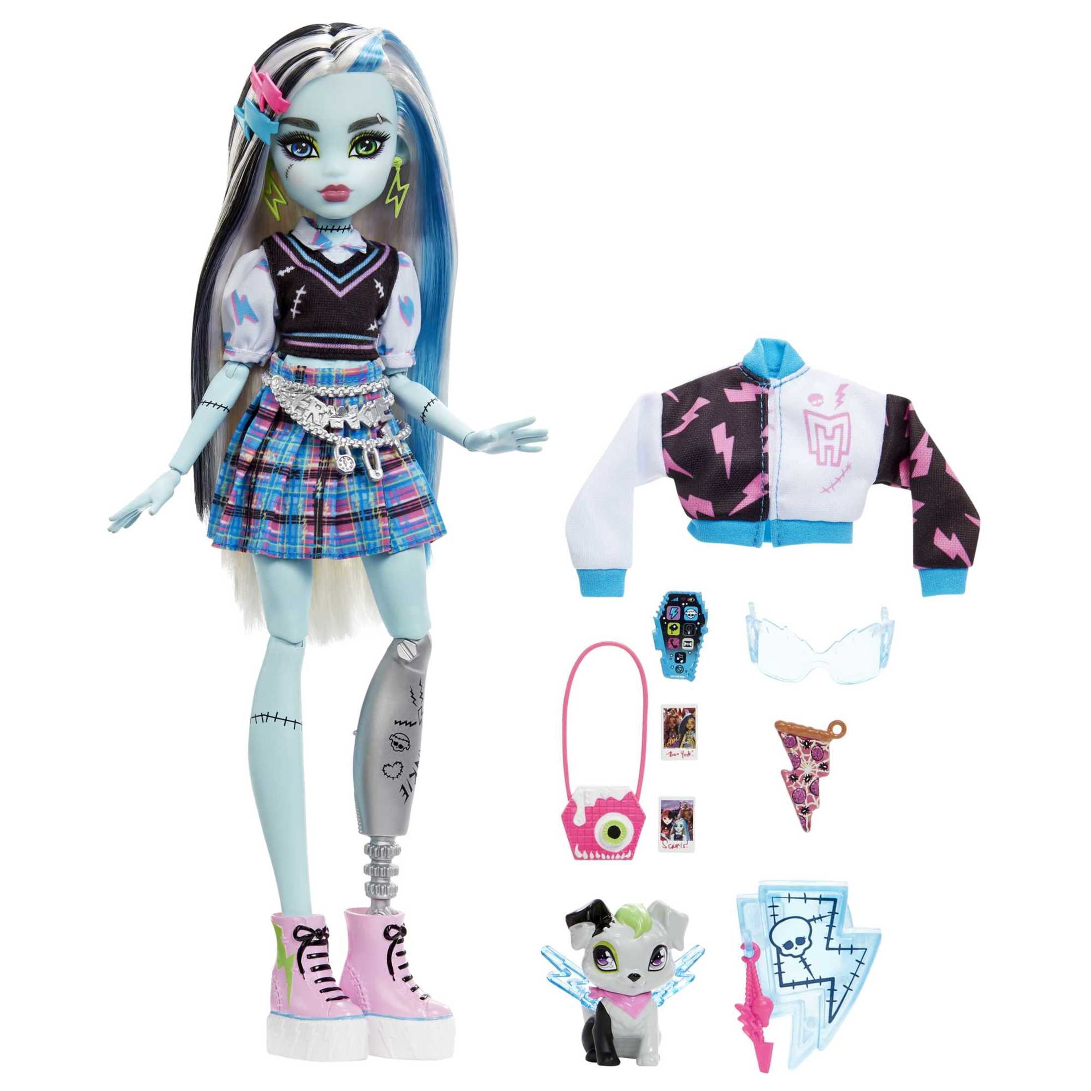 Monster High Frankie Stein Fashion Doll with Blue & Black Streaked Hair, Accessories & Pet