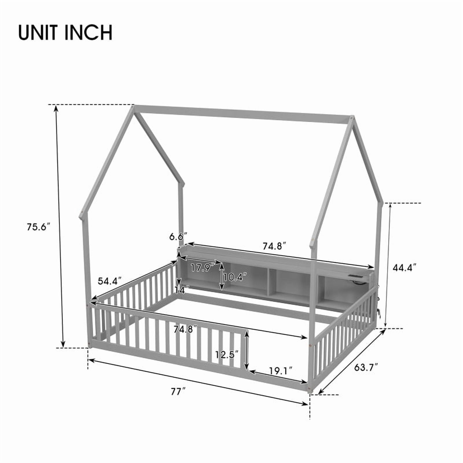 Full Size House-Shaped Canopy Bed with Roof, Wood Kid's Floor Bed Frame with Storage Shelves, LED Lights & Charging Station