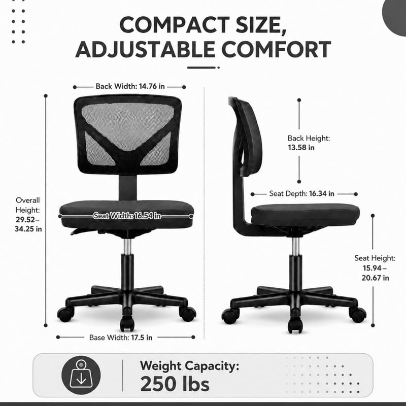 BEAUTYPEAK Desk Chair with Y-Shaped Lumbar Support Adjustable Armless Mesh Office Chair with Wheels for Home Office, Black