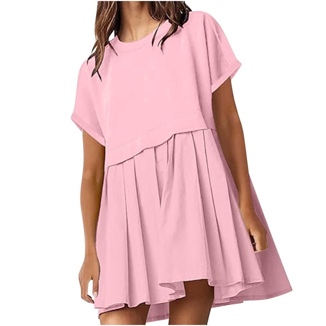 Pisexur Robe d'Été pour Femmes 2024 Manches Courtes Col Rond Robe de Plage Plissée Unie Patchwork Mini Robe