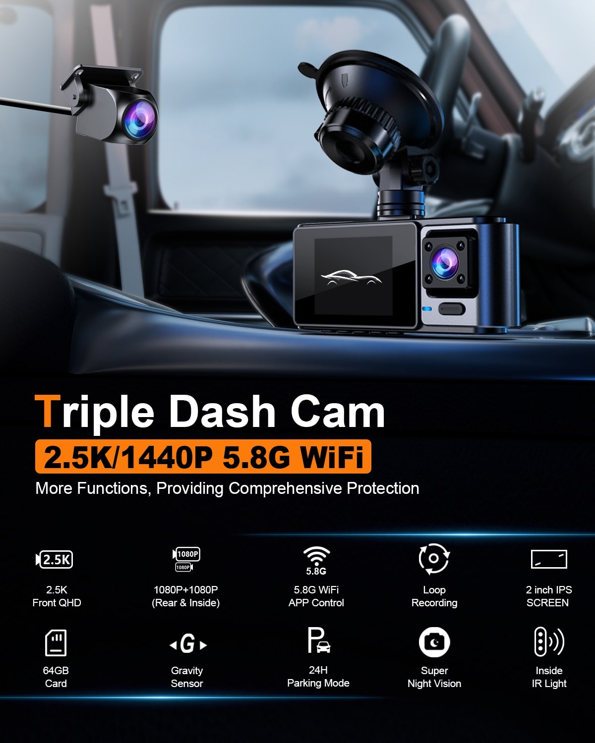 ODREY M3 3-Channel 2.5K Dash Cam Front Rear Inside photo 3