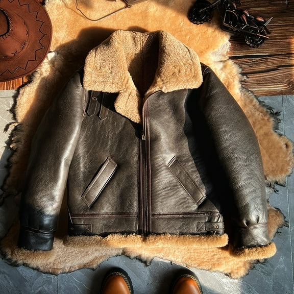 Man Winter Short Coat Genuine Sheepskin Shearling 100% Natural Real Wool Liner Biker Motorcyclist Jacket for Male Brown Plus Size for Weight over 100kgs,Brown,48