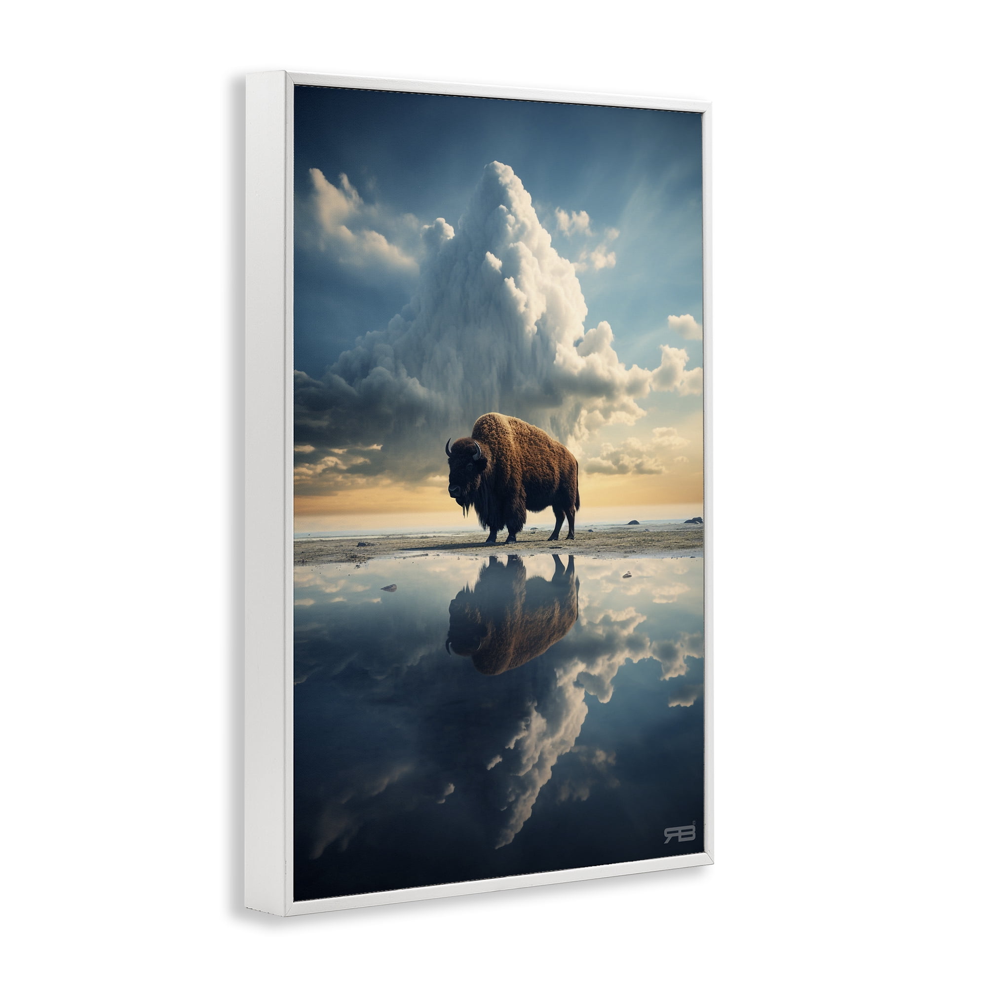 Stupell Industries Bison & Reflective Clouds Landscape Painting White Framed Art Print Wall Art, 20 x 30