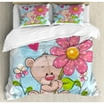 thumbnail image 1 of Funny Bear Duvet Cover Set King Size, Cartoon Style Nursery Illustration of a Romantic Teddy with Hearts and Flowers, Decorative 3 Piece Bedding Set with 2 Pillow Shams, Multicolor, by Ambesonne, 1 of 3