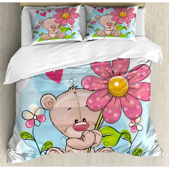 Funny Bear Duvet Cover Set Queen Size, Cartoon Style Nursery Illustration of a Romantic Teddy with Hearts and Flowers, Decorative 3 Piece Bedding Set with 2 Pillow Shams, Multicolor, by Ambesonne