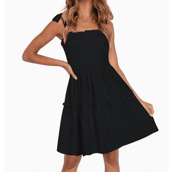 Women's Summer Spaghetti Strap Sleeveless Square Neck Ruffle A Line Swing Mini Dress