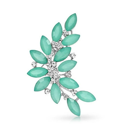 Crystal Leaf Pin Brooch Fashion Large Aqua Green Marquise Crystal Statement Leaf Brooch Pin For Women For Mother Silver Plated Brass ()