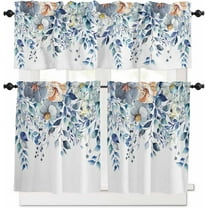 Spring Summer Curtain Valance and Tier Curtain Set 3PCS Rod Pocket Pastoral Colorful Eucalyptus Leaves and Flowers Blue Valances for Windows Kitchen Cafe Valance Curtains 24 Inch Length Tier Valance