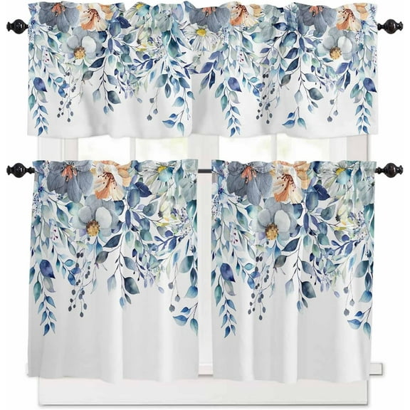 Spring Summer Curtain Valance and Tier Curtain Set 3PCS Rod Pocket Pastoral Colorful Eucalyptus Leaves and Flowers Blue Valances for Windows Kitchen Cafe Valance Curtains 24 Inch Length Tier Valance