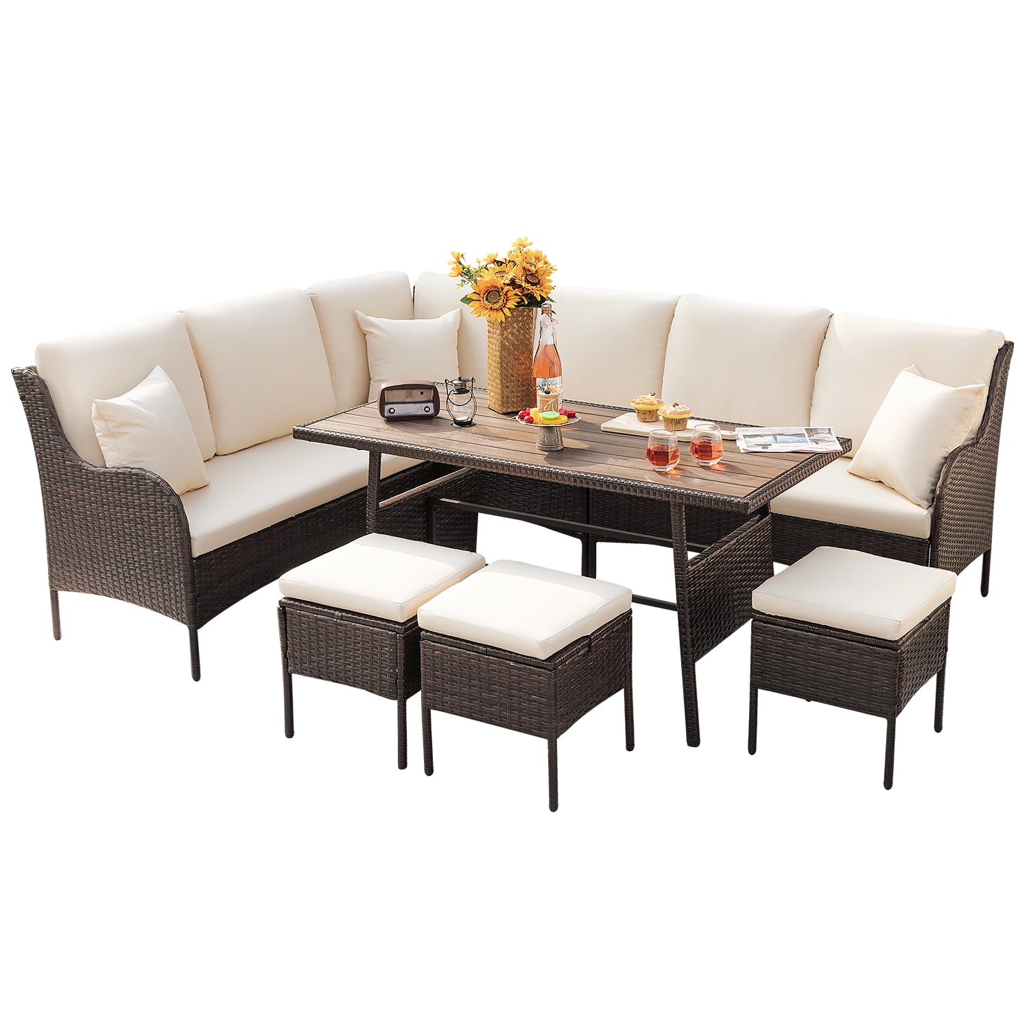 Homall 8 Person Patio Dining Sets All Weather Rattan Sofa Dining Table Beige