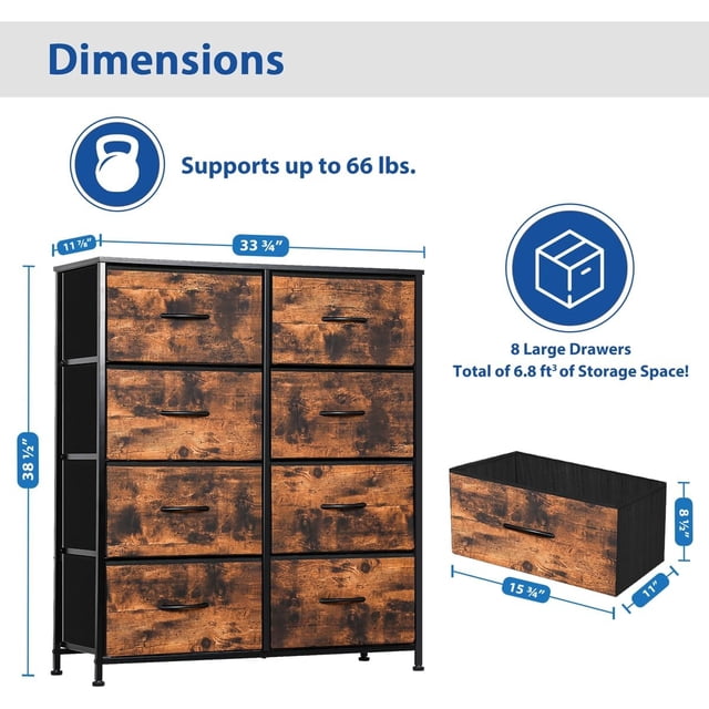 8-Tier Drawers Nightstand Chest Dresser Organizer Storage Bedroom Cabinet Rustic