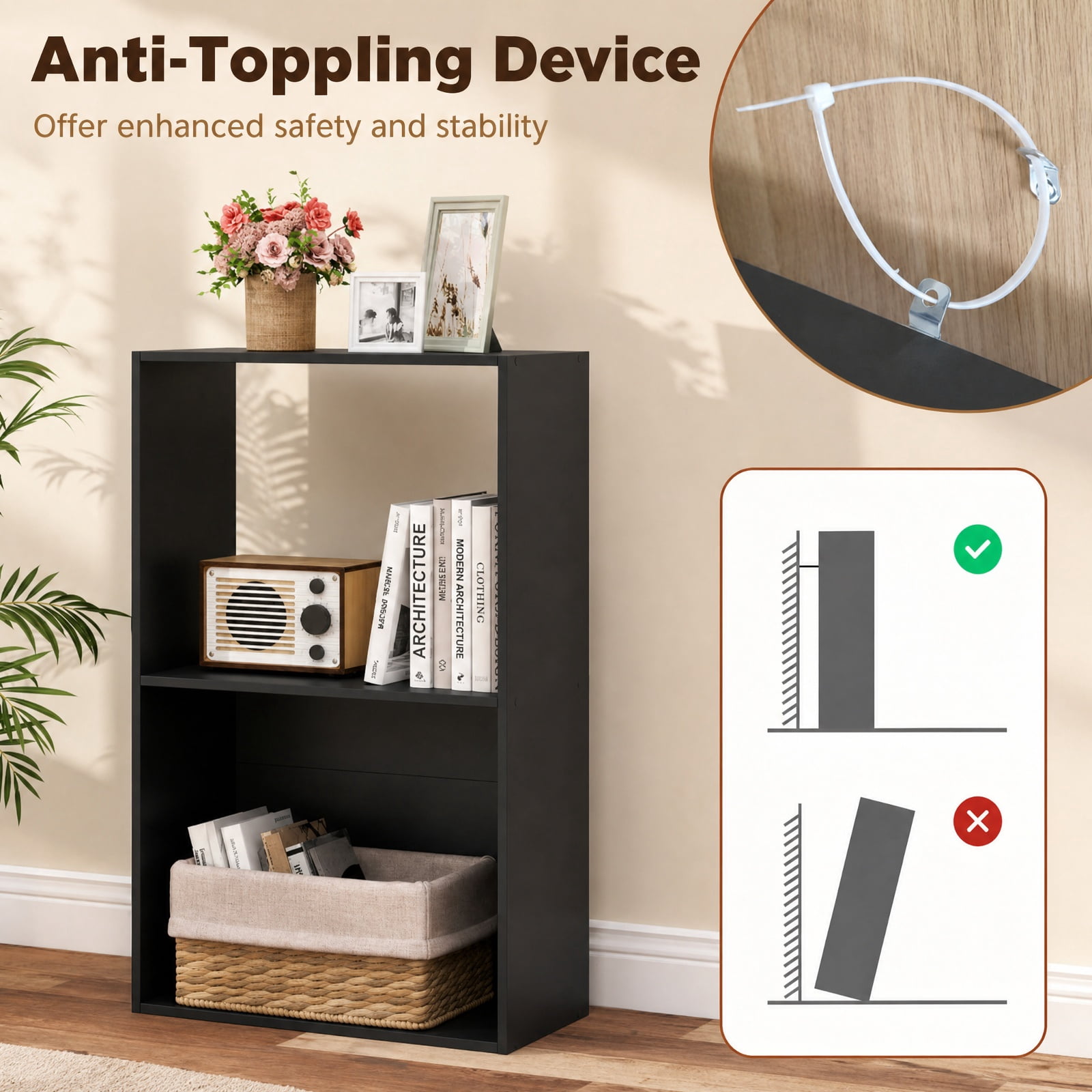 Furnibear 3-Tier Freestanding Bookshelf with Open Storage Compartment Countertop and Anti-Toppling Device for Study and Home Office, Black