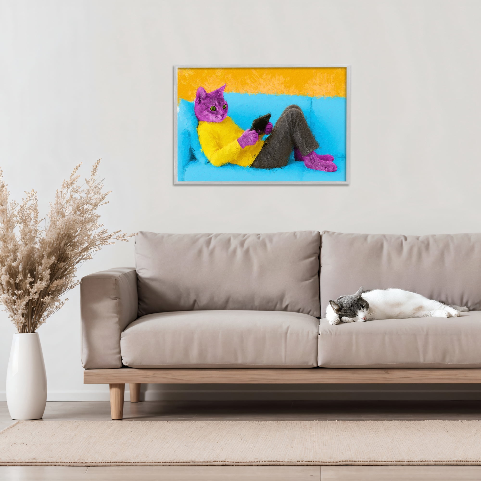 Stupell Industries Vibrant Cat Playing Game Gray Framed Giclee Art, design by Sean Parnell