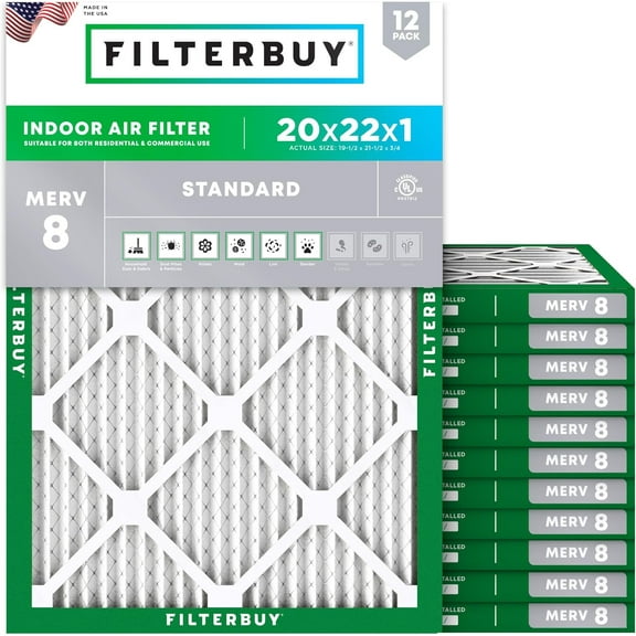 Filterbuy 20x22x1 MERV 8 Dust Defense, Pleated HVAC AC Furnace Air Filters (12-Pack)