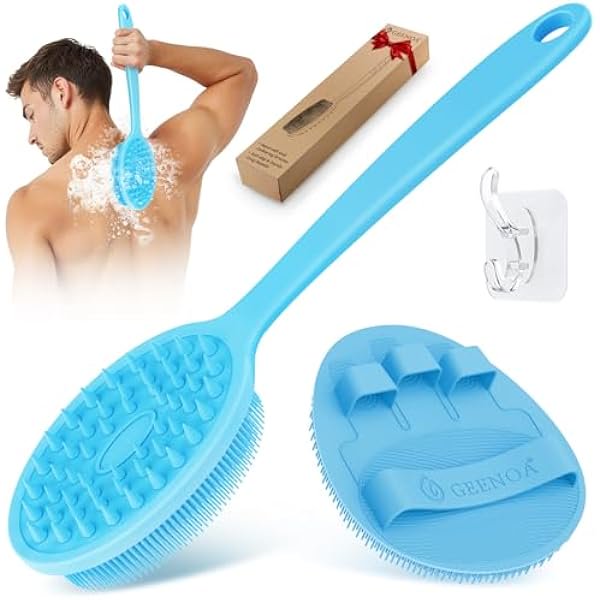 wonima11 Silicone Back Scrubber & Bath Glove Set 2PCS, 13.4'' Gentle Shower Back Scrubber with Dual-Side Head Non-Slip Handle, 360° Anti-Slip Hand-fit Bath Glove for Rich Foaming Deep Cleaning(Blue)