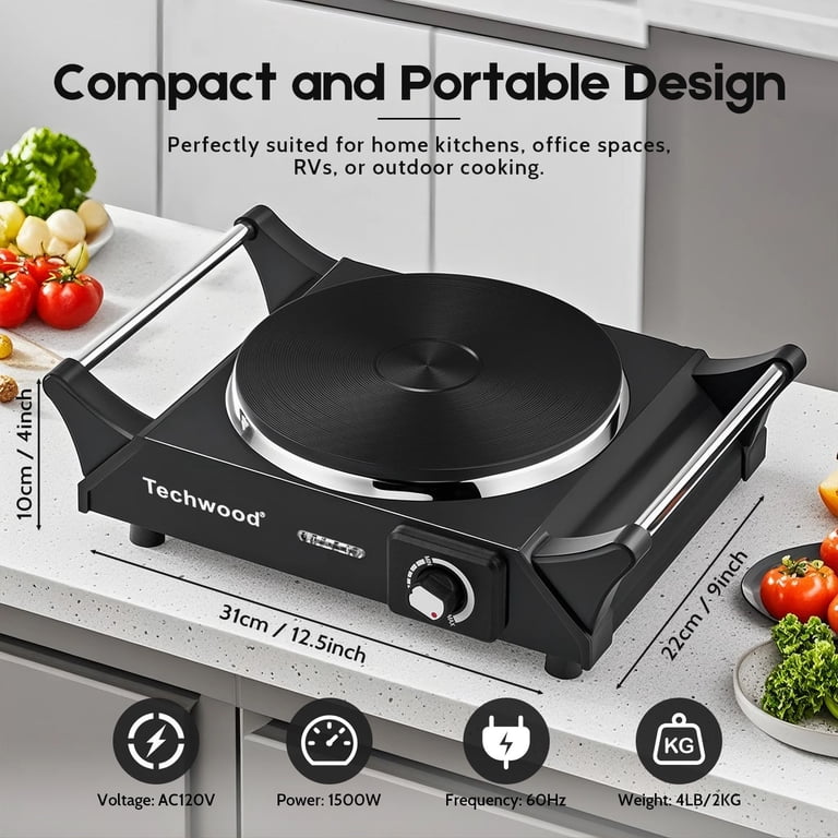 Techwood, Portable Electric Cooktop, 1500W, Compact Black
