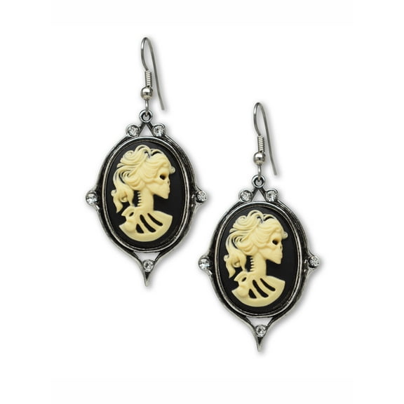 Gothic Lolita Skull Cameo Ivory on Black Dangle Earrings with Austrian Crystals by Real Metal #1012