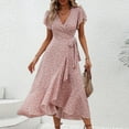 thumbnail image 2 of Womens Summer Dresses, Wedding Guest Floral Chiffon Short Sleeve Ruffle V Neck Tie Tunic Flowy Maxi Beach Dress Comfortable Shoes Women Maxi Dresses For 2025 Dresses Midi (S, Pink) ZMTing, 2 of 5