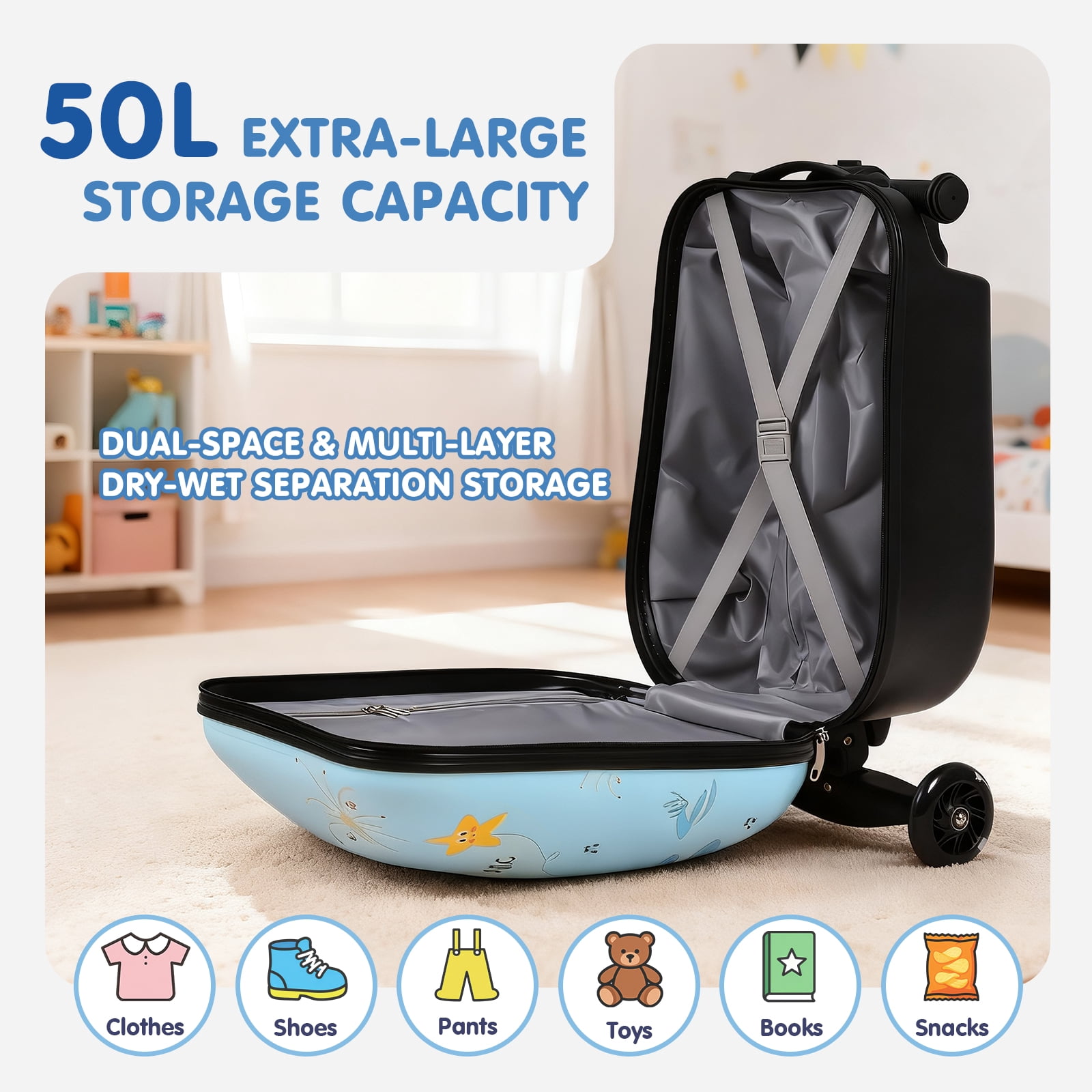 Kids Scooter Suitcase with LED Wheels, Foldable Detachable Ride-On Travel Luggage, Light Blue