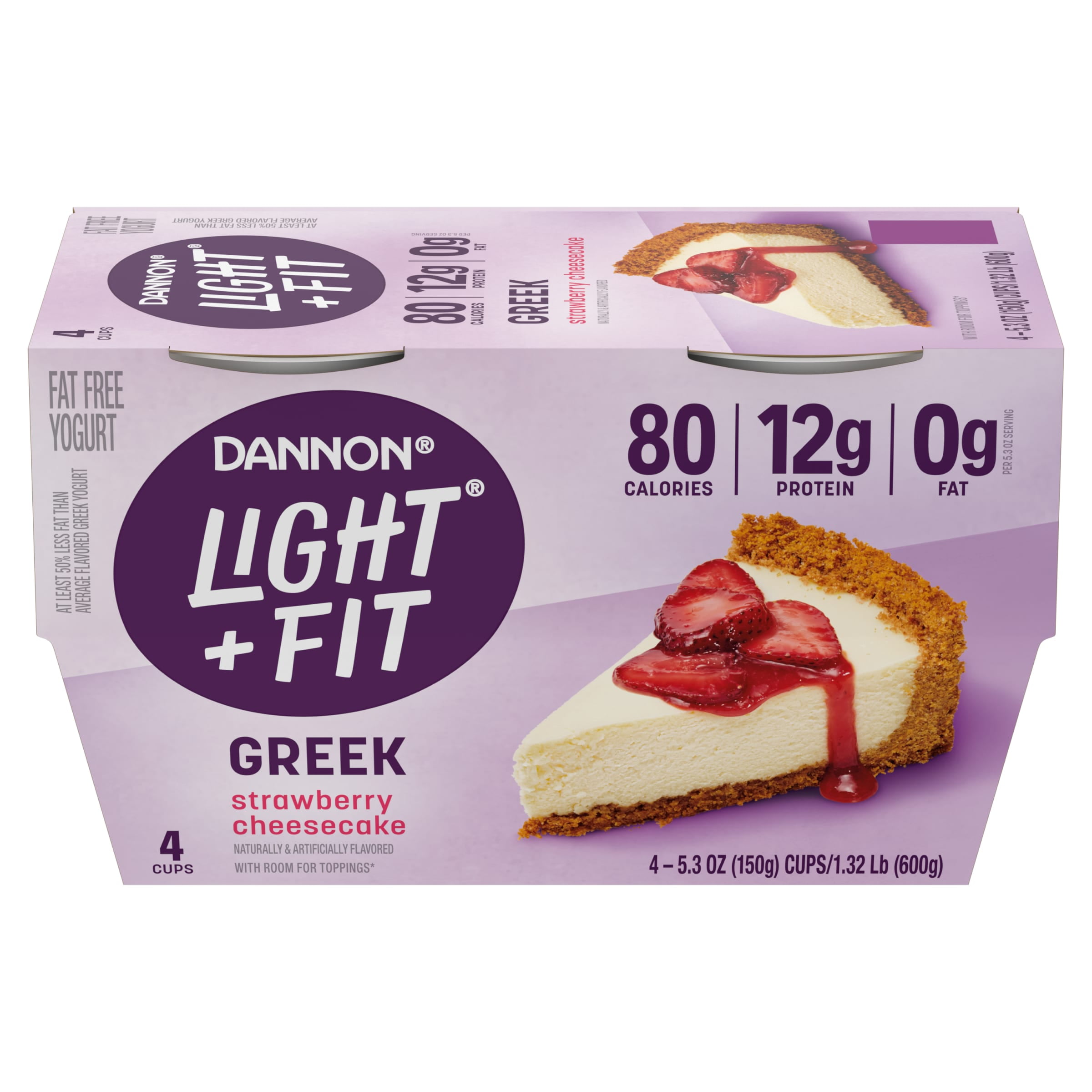 Dannon Light + Fit Fat Free Strawberry Cheesecake Greek Yogurt Pack, 5.3 oz, 4 Count (Packaging May Vary)