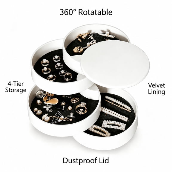 4-Layer 360° Rotating Jewelry Organizer With Lid, Velvet Lined Small Jewelry Storage Box For Earrings Rings Bracelets Vanity Use