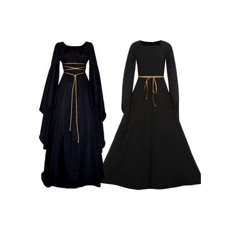MarinaVida Women's Vintage Victorian Black Long Dress, Ladies Long Sleeve Renaissance Gothic Maxi Dress Skirts