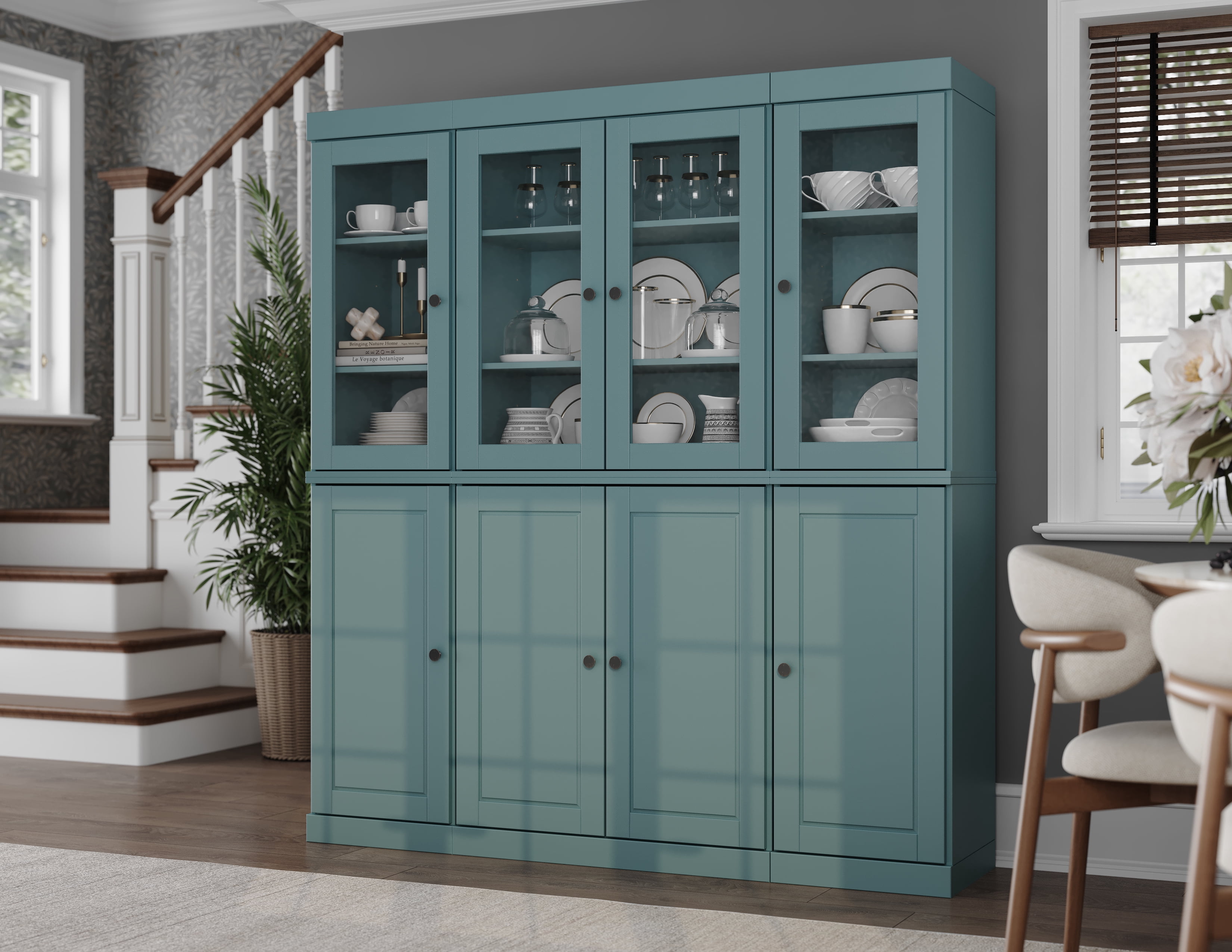 Palace Imports 100% Solid Wood Kitchen Pantry Storage Cabinet with Solid, Clear Glass Doors and Adjustable Shelves, Aqua Blue