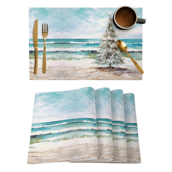 Coastal Christmas Tree Placemats Set of 4, Modern Oil Painting Beach Xmas Tree Placemats for Dining Table, Place Mats for Kitchen Tabletop, Waterproof Wipeable Dining Table Mats Set