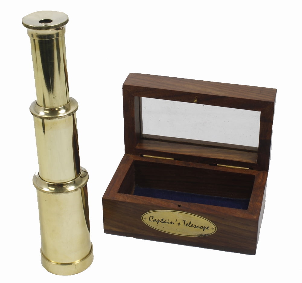 7" SOLID BRASS TELESCOPE Wood Box CAPTAINS SPYGLASS