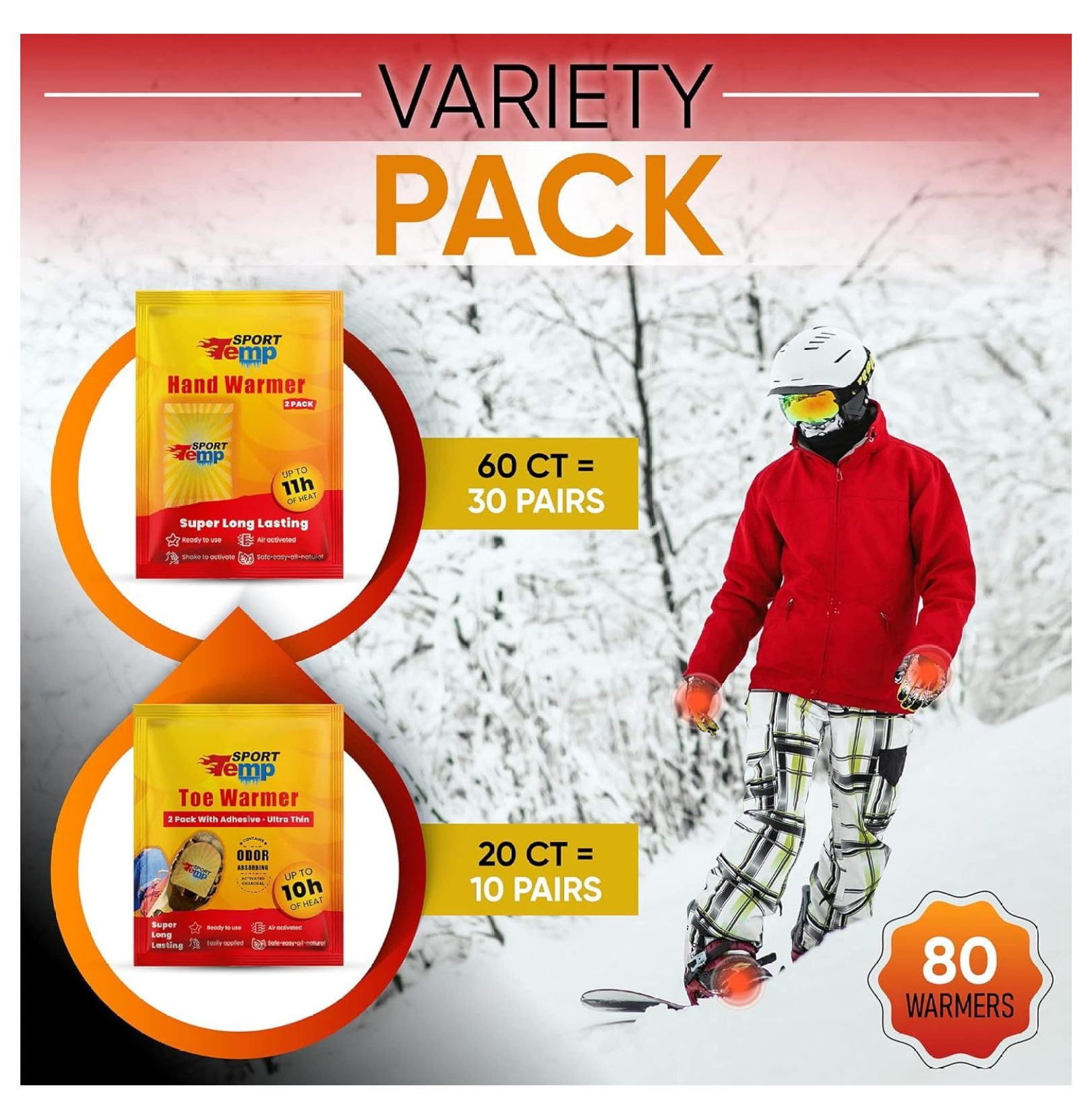 Hand & Toe Warmers - Variety Pack, 30 Pairs Hand Warmers, 10 Pairs Toe Warmers With Adhesive - Safe, Easy, All Natural - Air Activated, Body, Hands & Toes -Odorless Hot Hand & Toe Warmer -