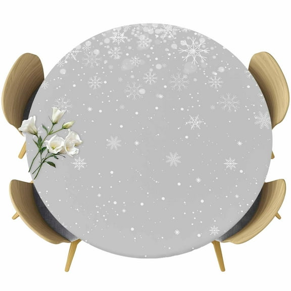 Grey Christmas Snowflake Table Cloth, Round Fitted Tablecloths with Elastic Edge, Winter Snowflake Xmas Wipeable Waterproof Table Cover for Kitchen Wedding 55-60 Inches