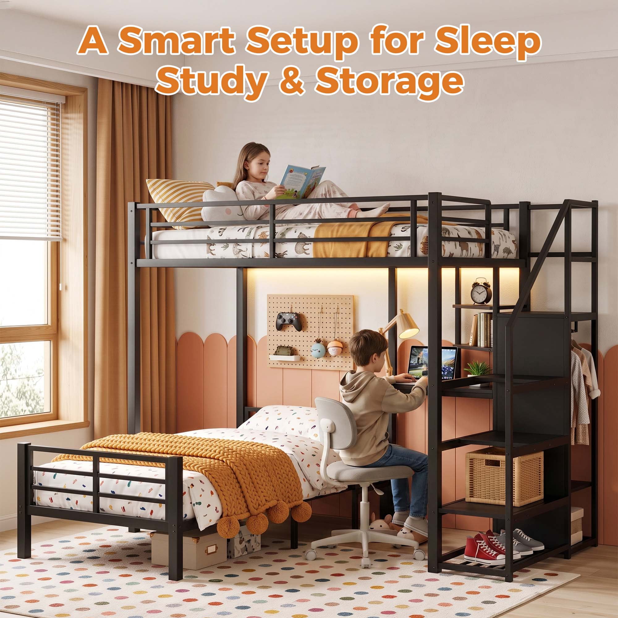 Miniyam Twin Over Twin Bunk Bed with Storage Stairs, Gaming Desk, LED Light and Power Outlet, Black