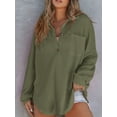 thumbnail image 3 of Women Waffle Knit Tops Henley Shirts Long Sleeve V Neck Solid Color Casual Tunic  Green M, 3 of 5