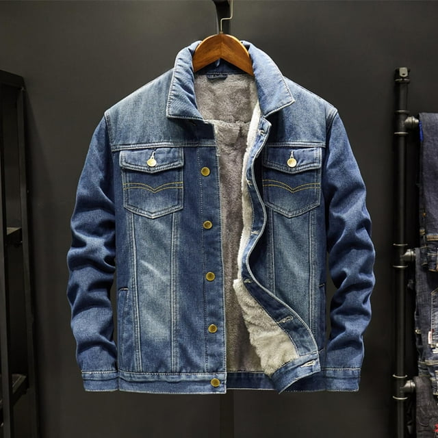 CEHVOM Men Casual Denim Jacket And Velvet Stand-collar Single-breasted Jacket Coat