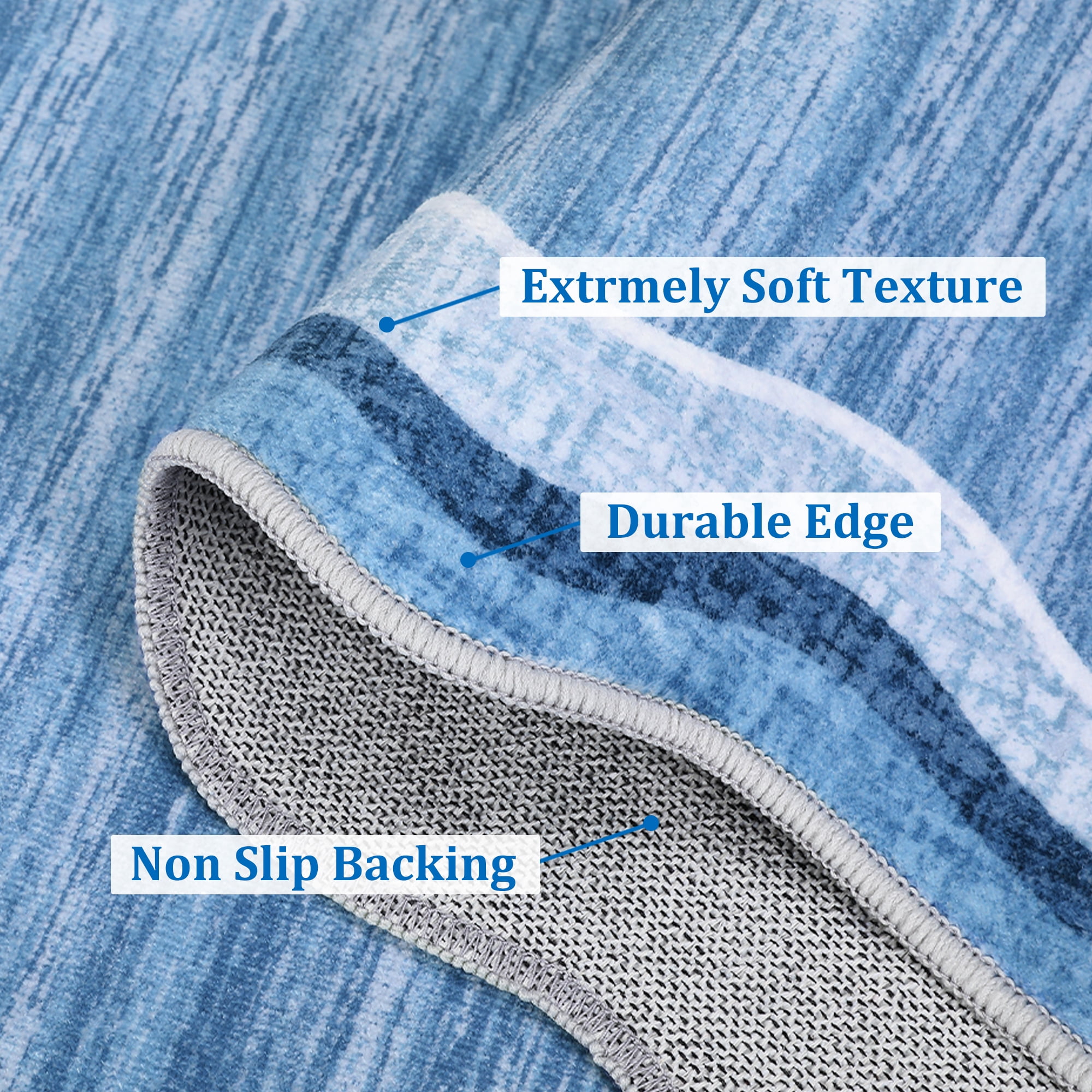 Washable Scalloped Area Rugs 5x7 Modern Throw Rug with Non-Slip Backing, Stain-Resistant Foldable Accent Carpet, Contemporary Low Pile Floor Cover for Living Room, Bedroom, Blue