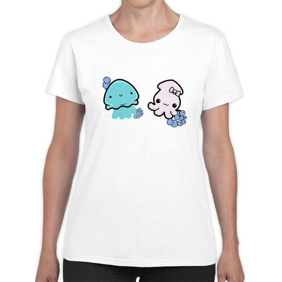 Kawaii Squid Friends Graphic Women White T-Shirt, Female Medium