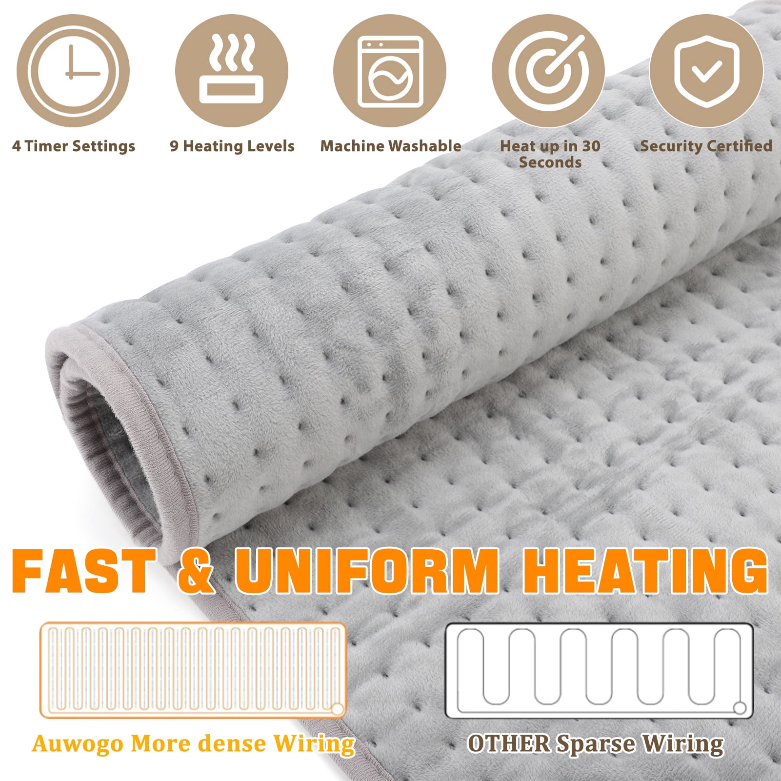 17x33in Heating Blanket  for Back Shoulders, , Fast-Heating, Soft Machine Wash Fabric with 9 Heat Settings, Auto Shut Off, Gray