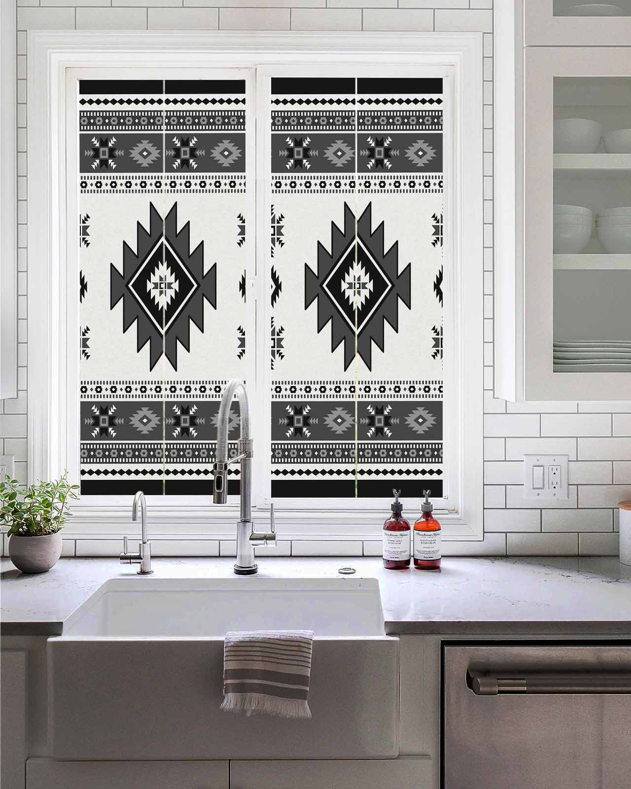 Window Privacy Film Gray Boho Stained Glass Window Film Decorative Sun Block Window Cover Southwest Aztec Country Geometric Aesthetic Window Clings Static Adhesive Sticker for Bathroom 17.7"x39.3"