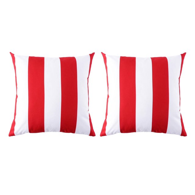 Set of two 18-inch outdoor square cushions featuring bold red and white vertical stripes for patio or garden seating.