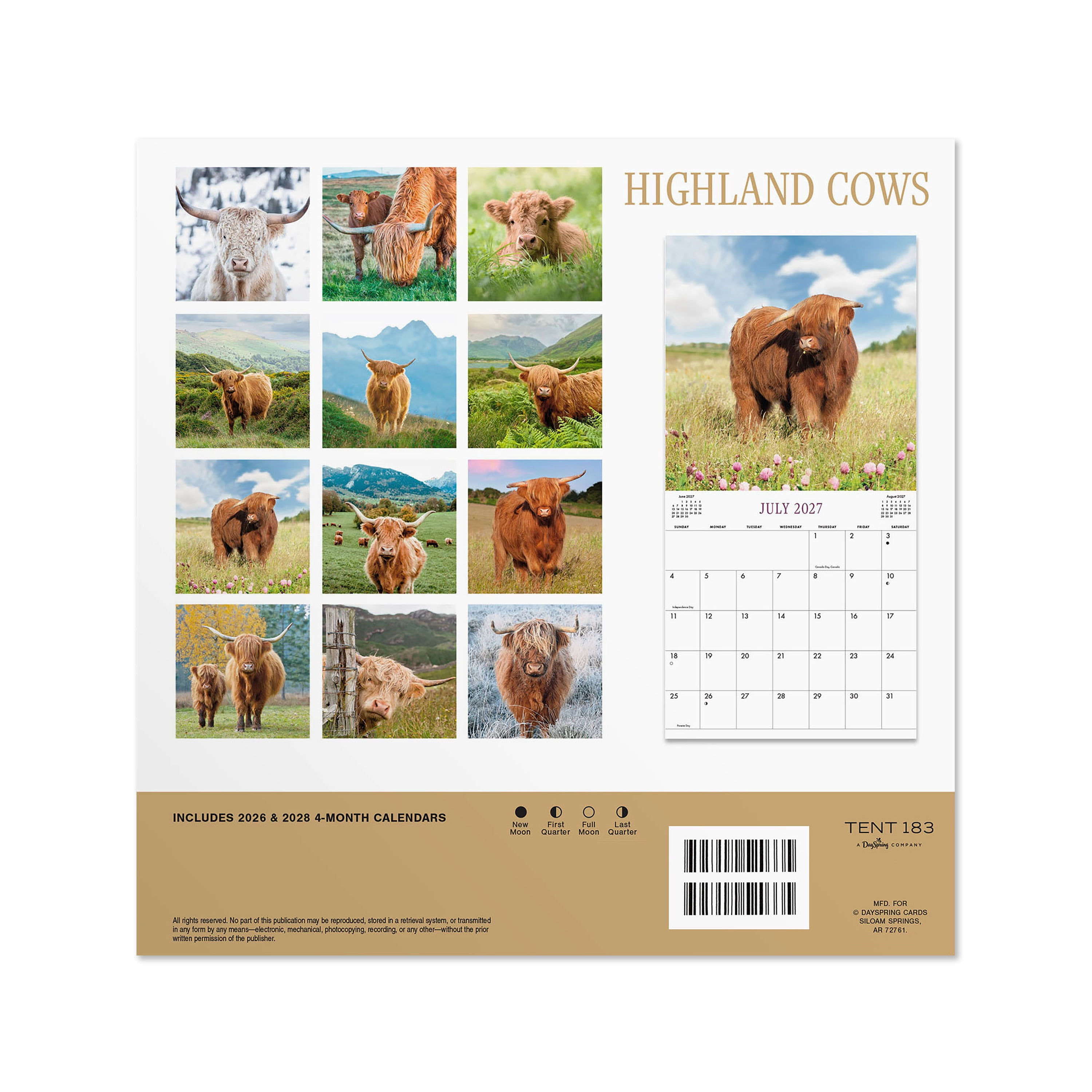 2027 Highland Cows Mini Hanging Wall Calendar 7x7 January-December Gridded
