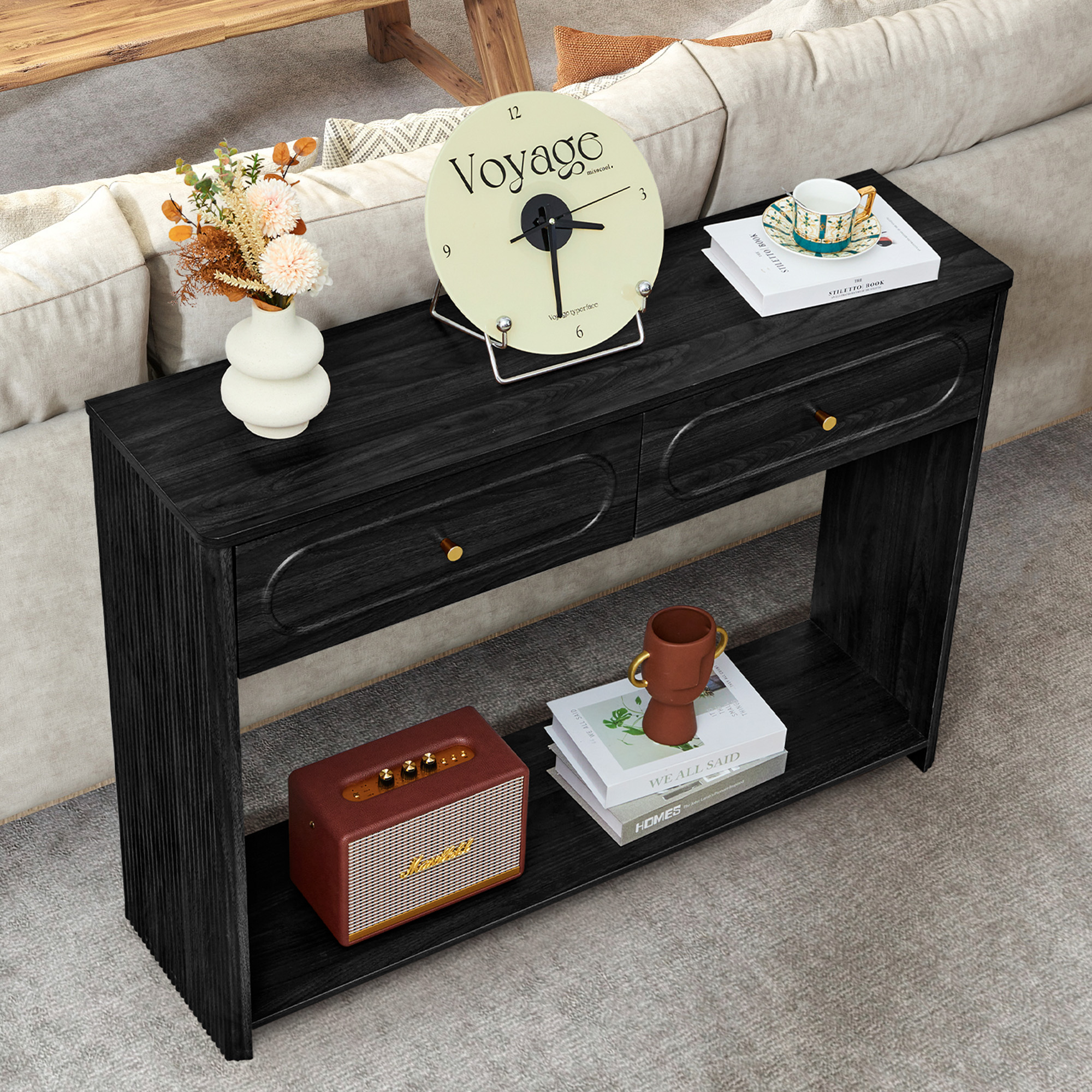 Wirrytor Black Console Table with 2 Drawers for Entryway, Modern Sofa Table for Living Room, Narrow Sofa Table with Open Storage Shelf, Hallway Table and Couch Table Behind Sofa