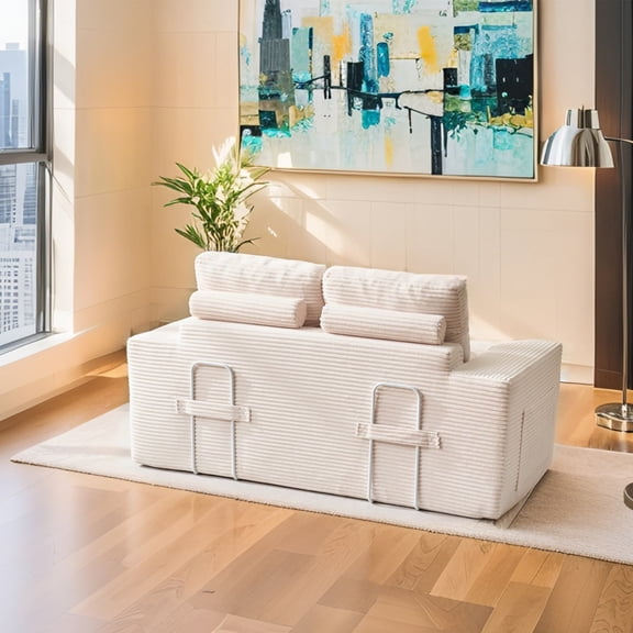Loveseat Sofa Bed, 2-in-1 Convertible Corduroy Couch with Memory Foam & Steel Frame, No Assembly for Small Spaces, Beige.