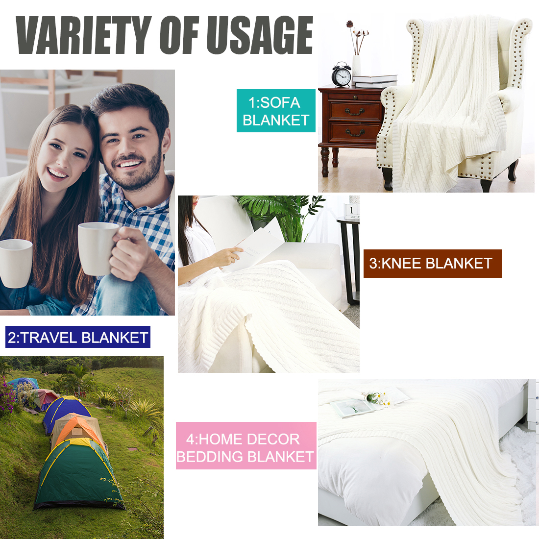 Unique Bargains 100% Cotton Cable Knit Throw Bed Blanket Beige 51" x 59"
